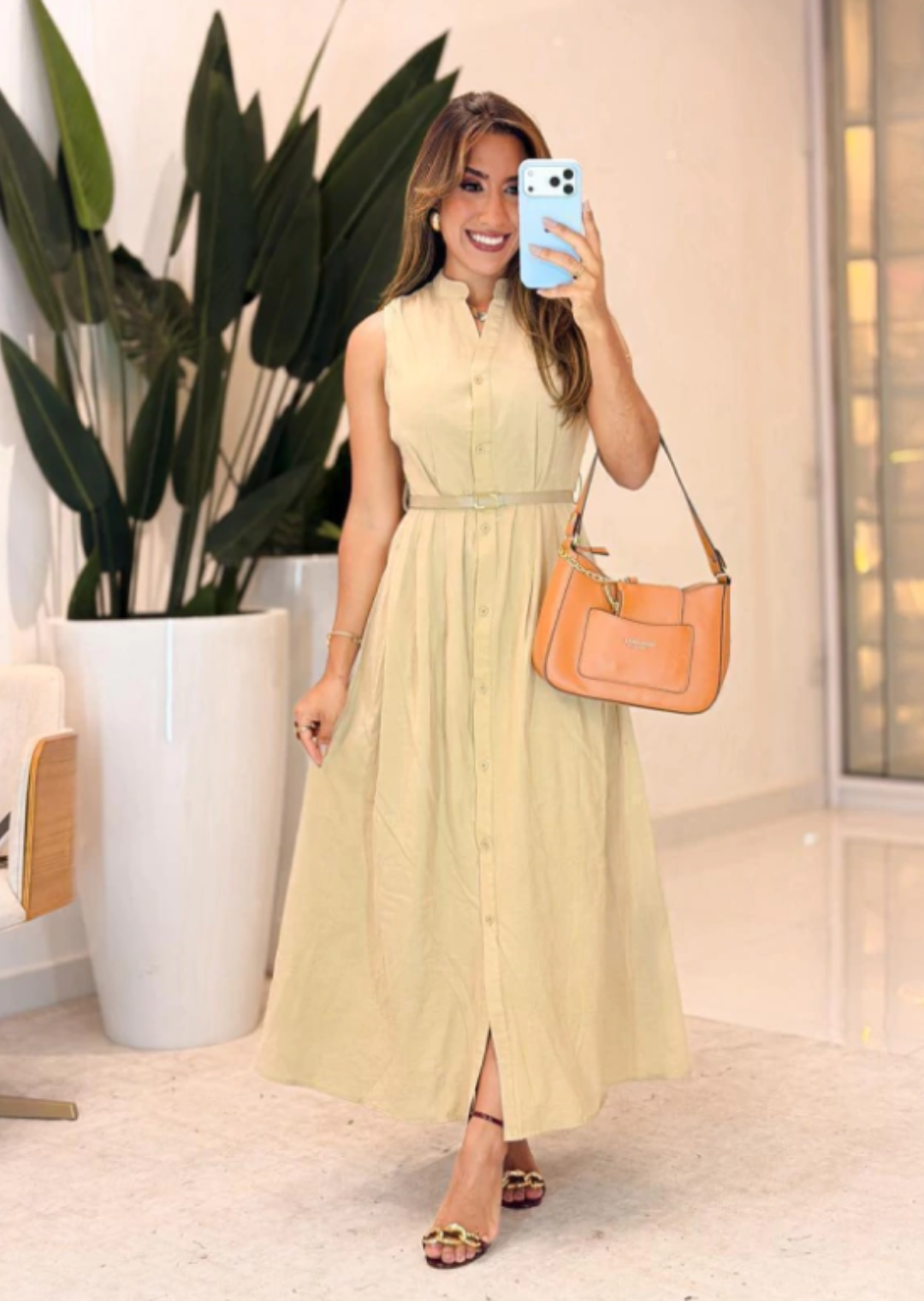 1030- Vestido em linho | detalhes botão com cinto