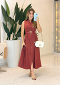 1030- Vestido em linho | detalhes botão com cinto