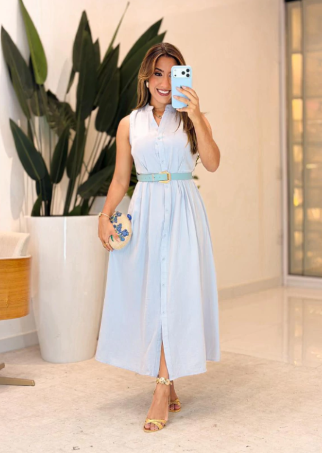 1030- Vestido em linho | detalhes botão com cinto