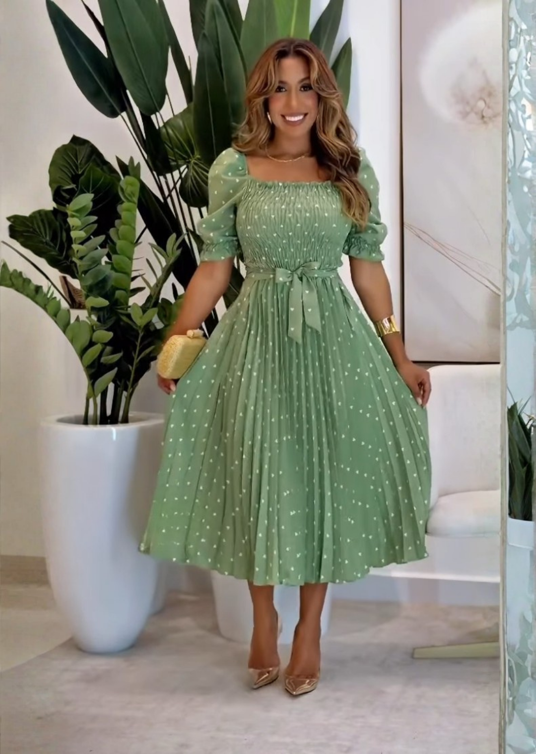 1142 – Vestido Midi Plissado com Laste